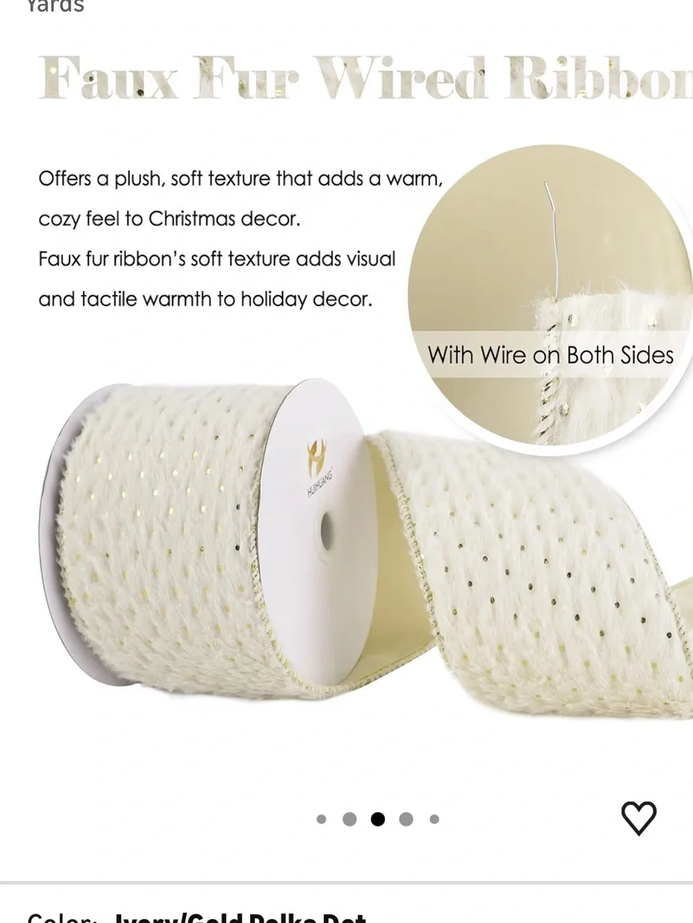 Ivory Christmas Ribbon 4 inch Faux Fur Wired Ribbon Gold Polka Dot nwt 2 rolls